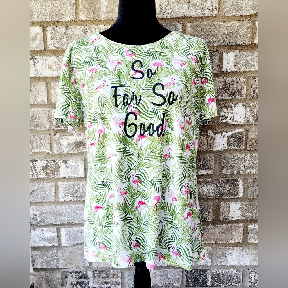 Pink Flamingo Green Palm T-Shirt Top Womans L